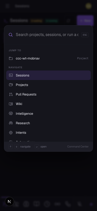 Command palette on mobile: a search field over Jump-to and Navigate lists — Sessions, Projects, Pull Requests, Wiki, Intelligence.
