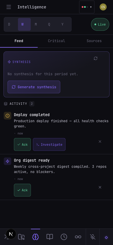 Intelligence feed on mobile: a synthesis panel plus activity entries — deploy completed, org digest ready — each with Ack and Investigate.