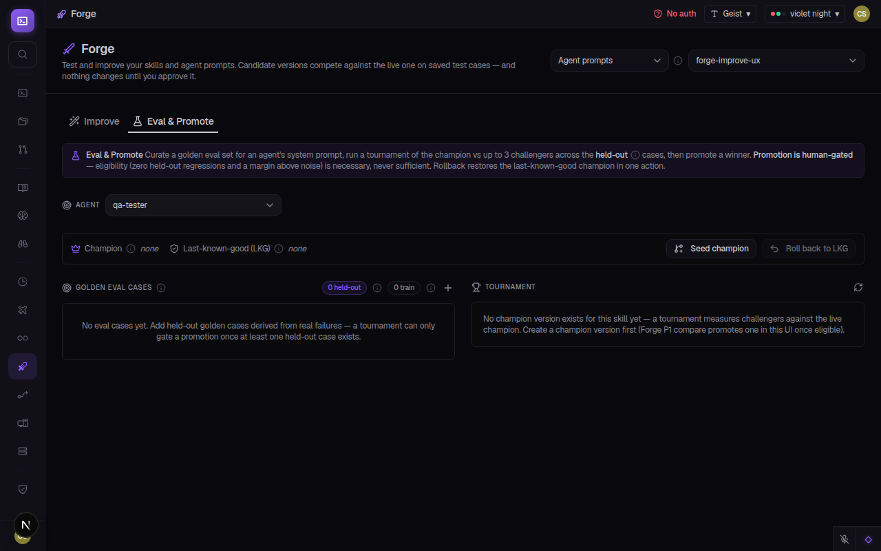 Ralph Forge eval view with agent_prompt skill kind selected: eval dimensions listed, agent loop configuration, glossary tooltip open showing definition of 'champion'.