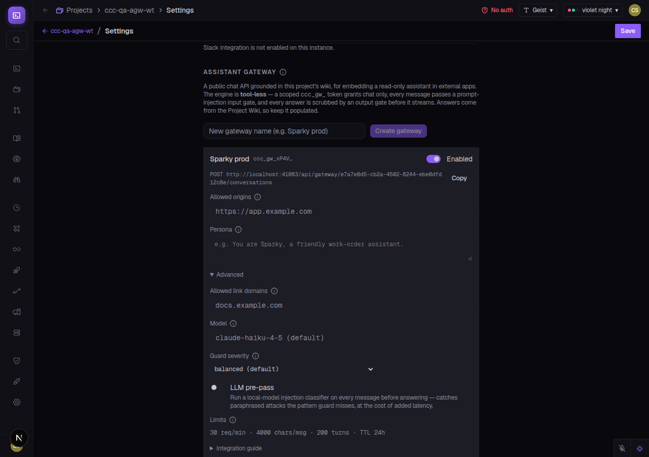 CCC Assistant Gateway settings card showing gateway name, endpoint URL with copy button, model selector, token limits, persona field, and an expandable integration guide with a three-call curl snippet.