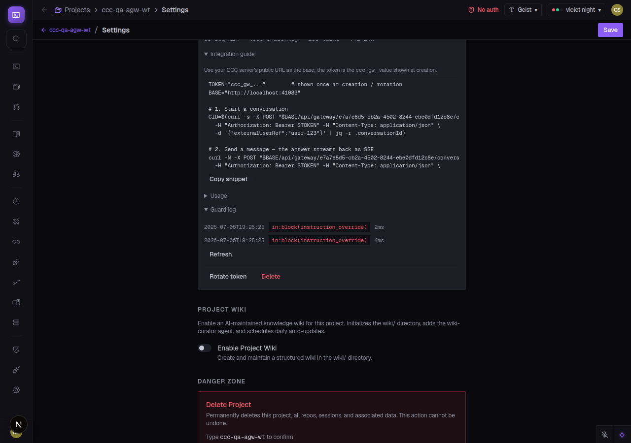 CCC Assistant Gateway guard log panel showing a list of per-request entries with ALLOW and BLOCK verdict pills, severity badges, model call latency, and a Refresh button.