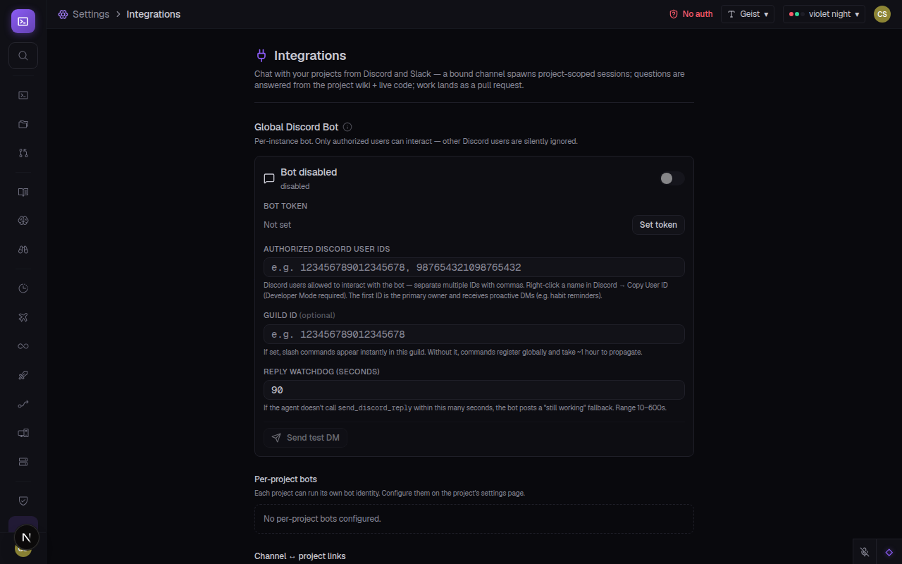 CCC Settings / Integrations page showing Discord and Slack connection cards, channel selectors, and access mapping controls side by side.