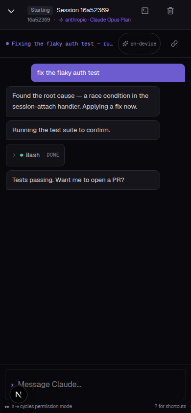 CCC mobile session view showing the governing chatbot chat interface: user message at bottom, Claude's structured reply with action buttons above.
