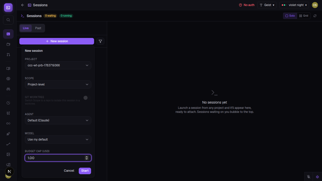 New session spawn popover with an optional spend-cap field: token budget input set to 50,000 tokens before the session starts.