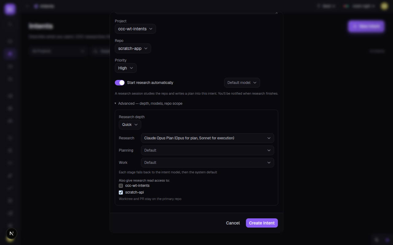 Intents v3 advanced create dialog: fields for title, planning model, budget, priority, sub-intents, and multi-repo research scope.