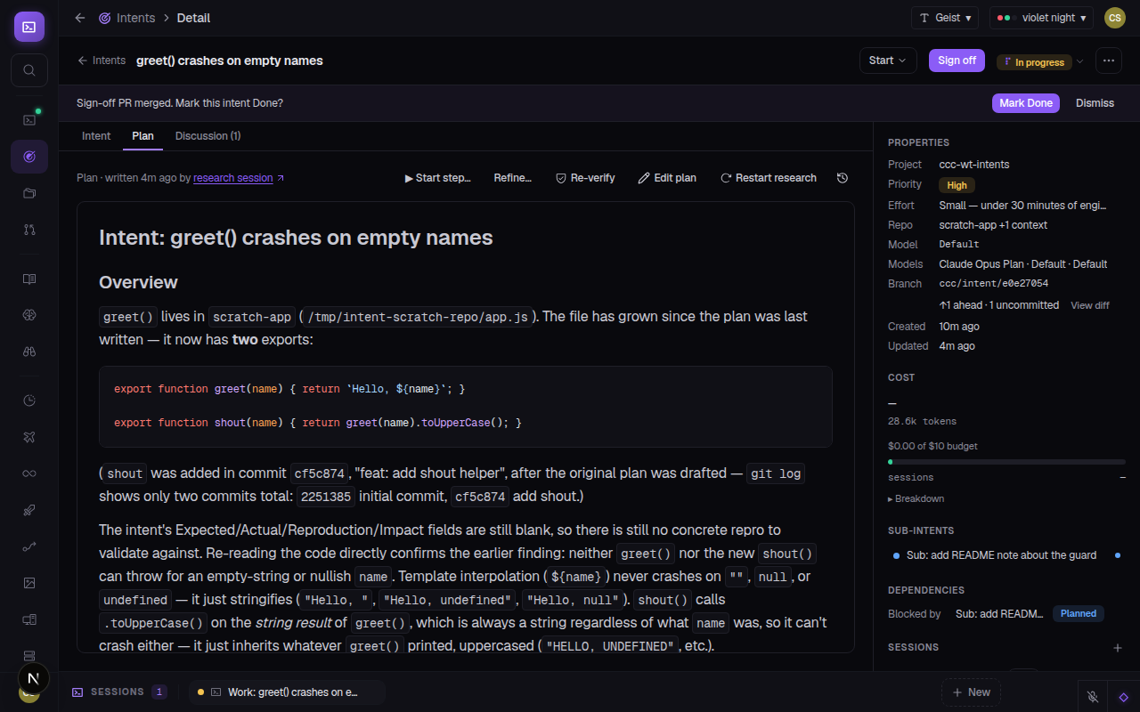 Intents story with a green merged PR banner at the top: 'PR #1385 merged — intent closed automatically.'