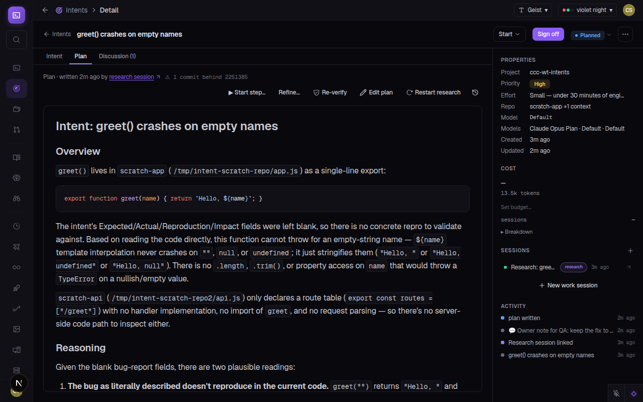Intents story detail page with a staleness chip in the top-right corner: 'Research 3 days old — refresh?'