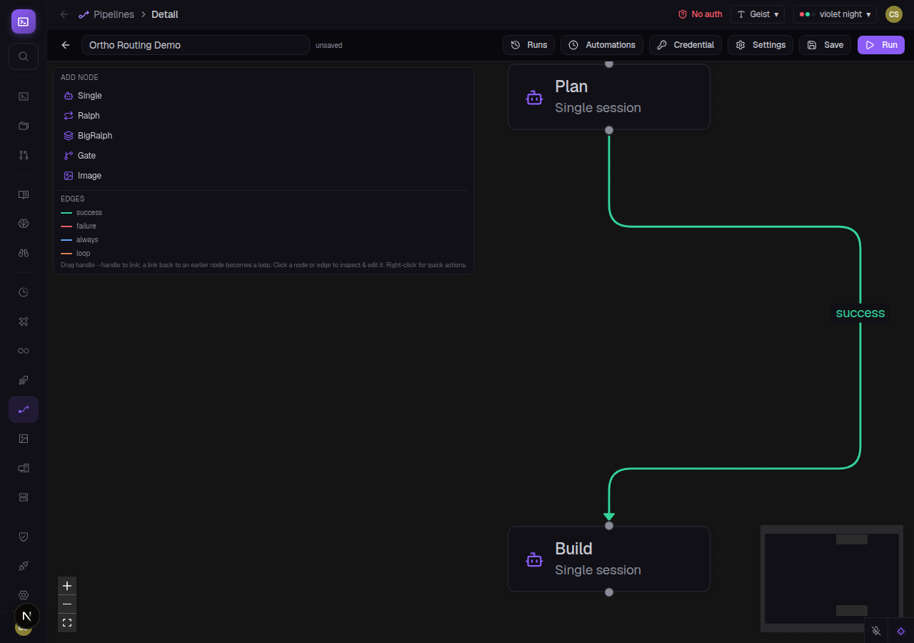 Pipeline canvas with three agent nodes connected by orthogonal right-angle connectors instead of curved bezier lines.