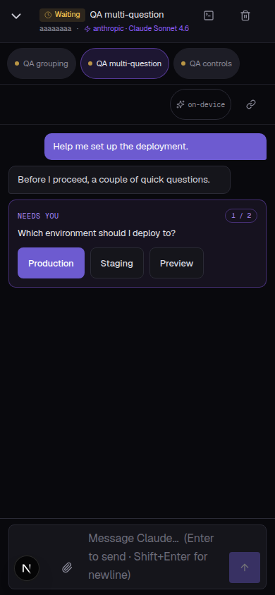 Mobile CCC chat view showing a multi-question prompt card with the first question answered and the second question now active, showing a '2 / 2' progress chip.