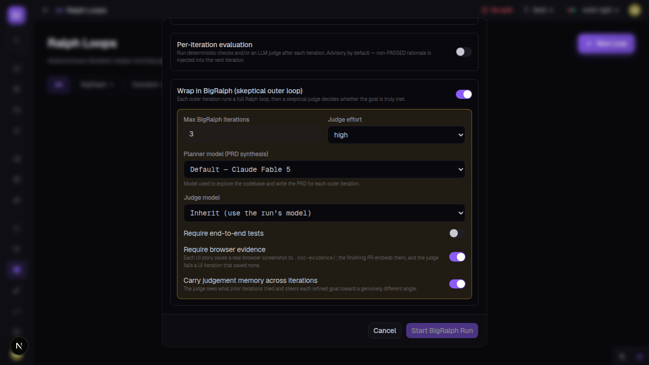 Ralph run detail page showing a toggle for 'Browser Evidence' in the enabled state, with screenshot thumbnails captured during each iteration embedded in the finishing PR description.