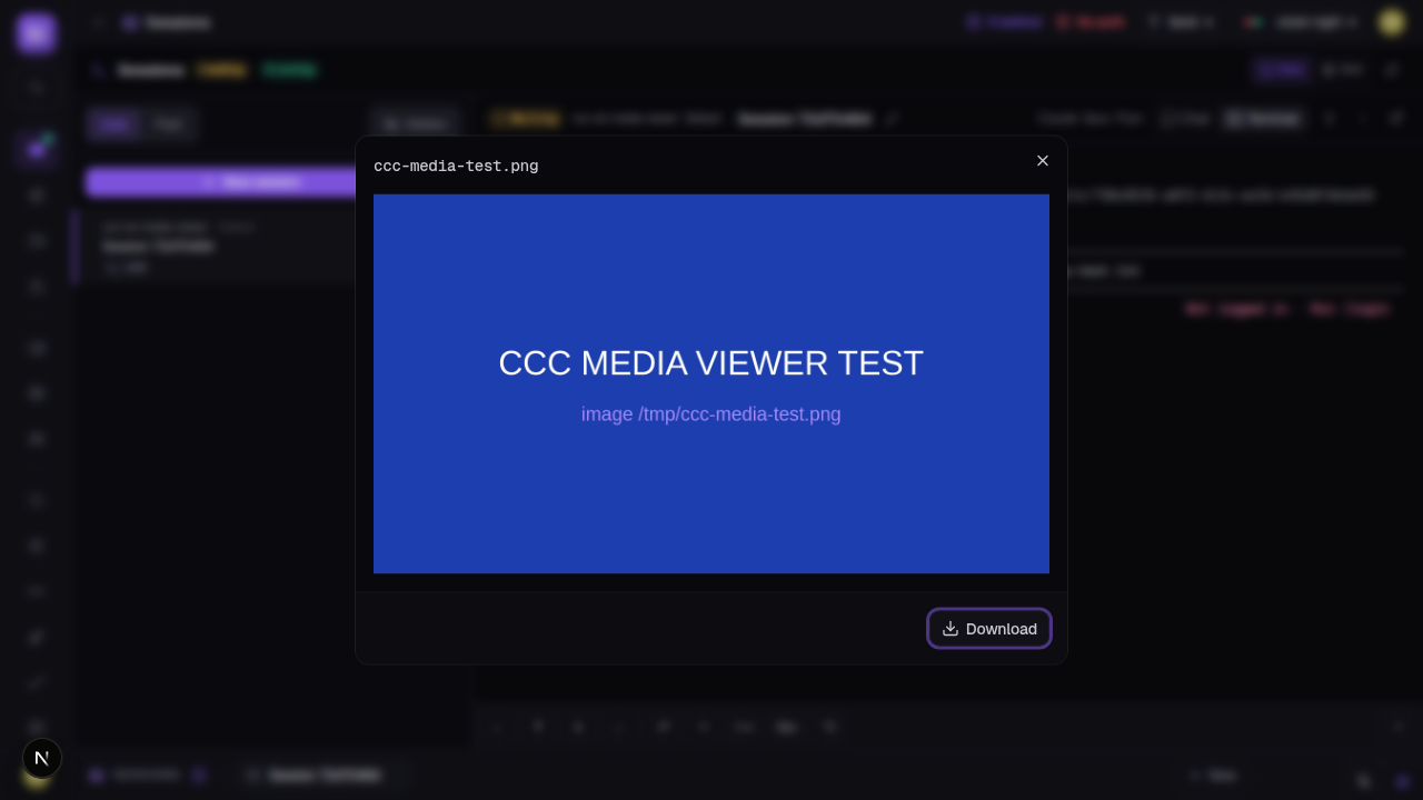 CCC terminal session with an image viewer modal open over it, showing a rendered PNG file full-size with a Download button in the top-right corner.