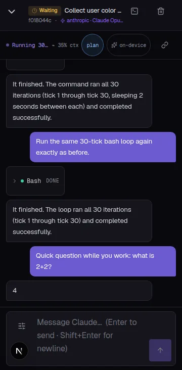 CCC mobile chat interface showing a mid-turn message delivered instantly and answered, with a live permission-mode chip visible in the header showing the current session mode.