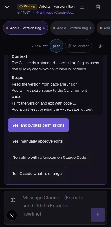 CCC mobile chat plan-approval card showing the full plan text with context and numbered steps displayed above the approval menu options, replacing a bare Allow/Deny card.