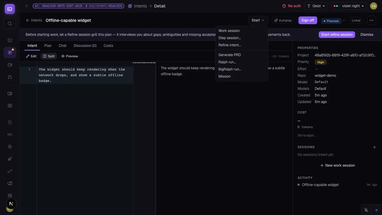 Intents story detail page showing the Start dropdown menu open with three launch modes listed: Ralph, BigRalph, and the new Mission option at the bottom.