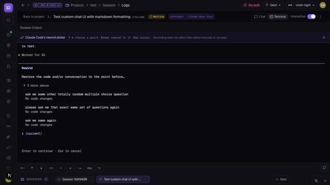 CCC chat session showing the rewind picker overlay in the terminal pane — a scrollable list of prior checkpoints with the current position highlighted, and Enter/Esc guidance at the bottom.
