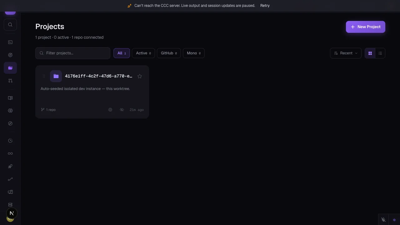 CCC projects page with an orange offline banner across the top reading 'Can't reach the CCC server. Live output and session updates are paused.' with a Retry button.