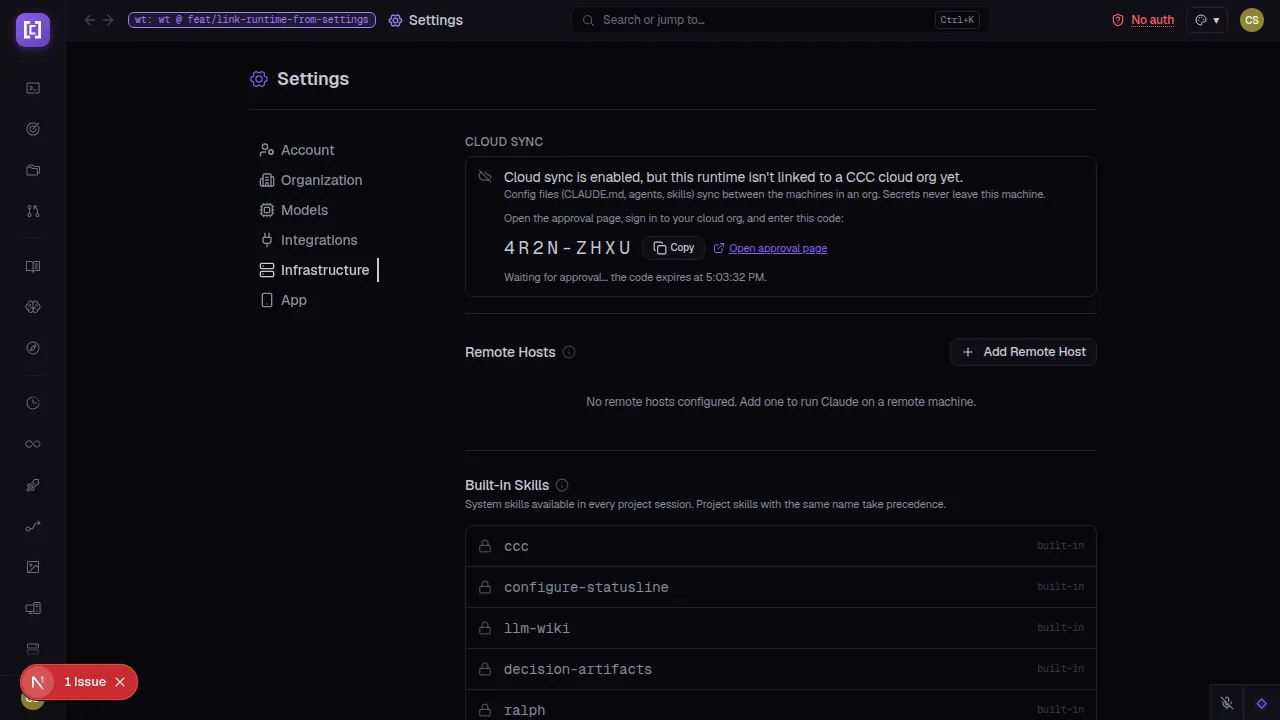 CuttleCode Settings Infrastructure page during cloud linking, showing a large monospace pairing code (4R2N-ZHXU), a Copy button, an Open approval page link, and a countdown to expiry.