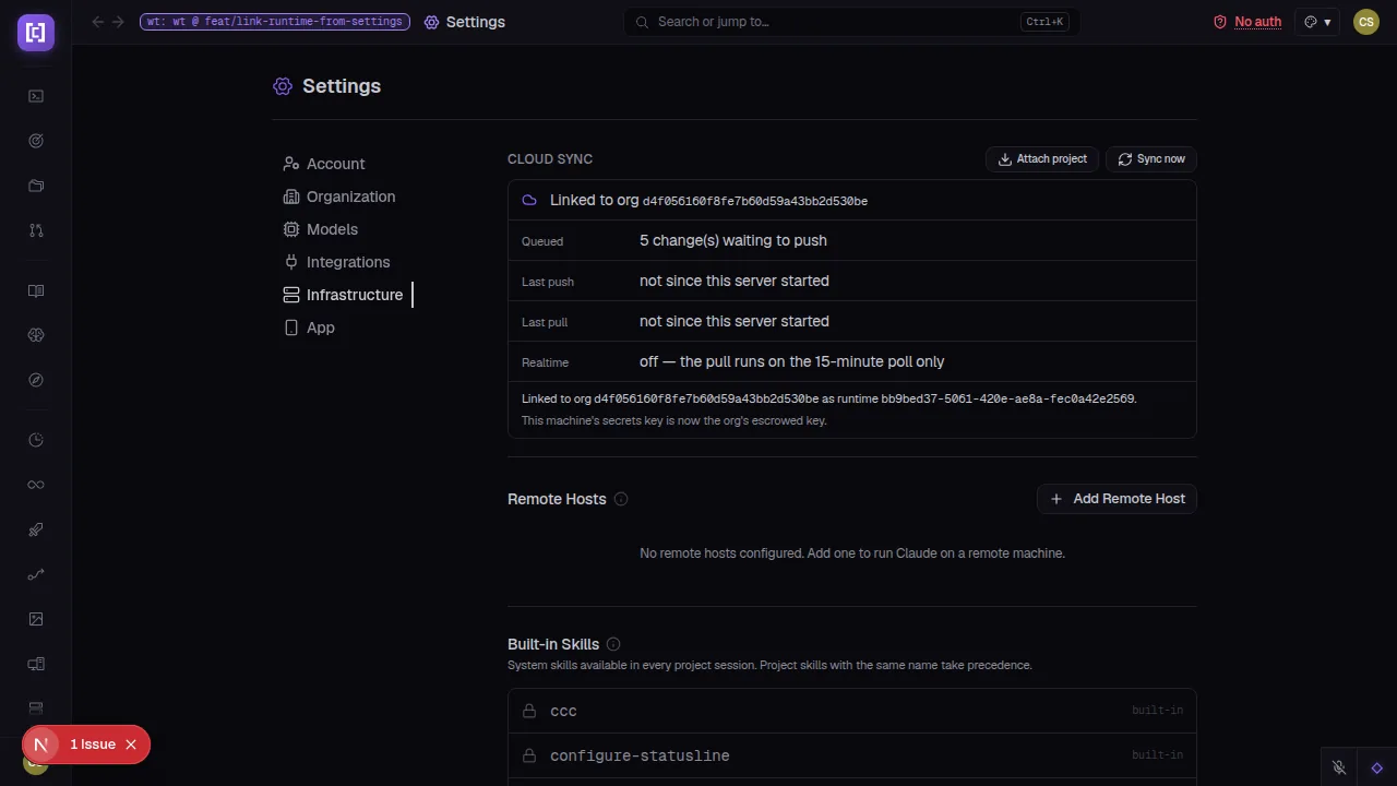 CuttleCode Settings Infrastructure page after successful cloud linking, showing the Cloud Sync section in the linked state with the org ID, queued changes count, last push and pull timestamps, and a note that the machine's secrets key is now the org's escrowed key.