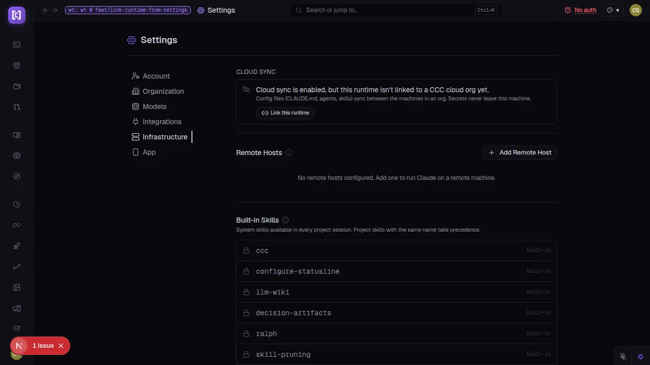 CuttleCode Settings Infrastructure page showing the Cloud Sync section in the unlinked state, with a Link this runtime button and explanatory text about what syncs and what stays local.