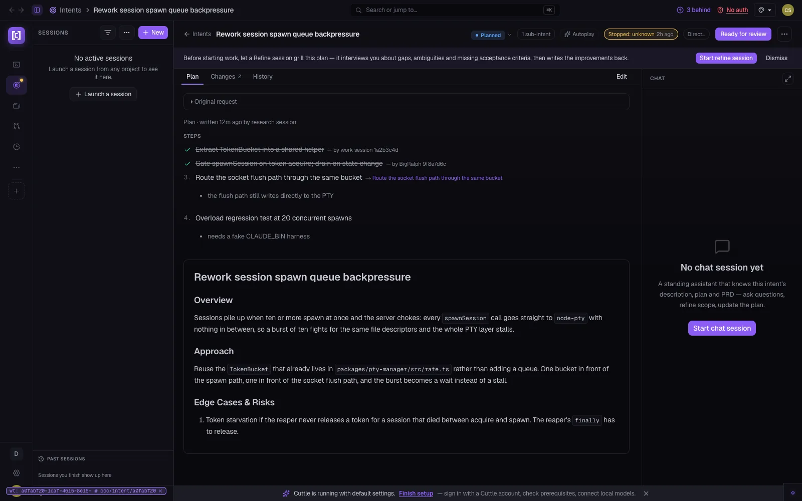 CuttleCode intent detail page showing the new two-column layout: Plan tab with step checklist and Original request preamble on the left, a standing chat rail with Start chat session button on the right, and a Ready for review status chip in the header.