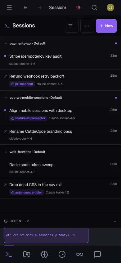 CuttleCode mobile Sessions screen showing three grouped project sections (payments-api, ccc-wt-mobile-sessions, web-frontend) with session rows under each, a RECENT expanded section at the bottom, and a five-item bottom nav bar.