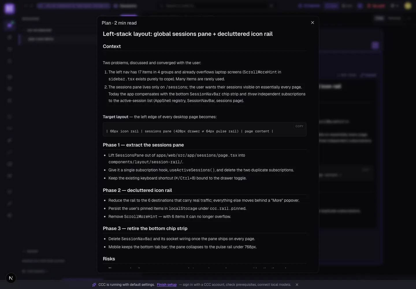 CuttleCode plan review expanded into a full modal dialog, showing the same plan in a larger reading surface with sections for Context, target layout code, Phase 1, Phase 2, Phase 3, and Risks.