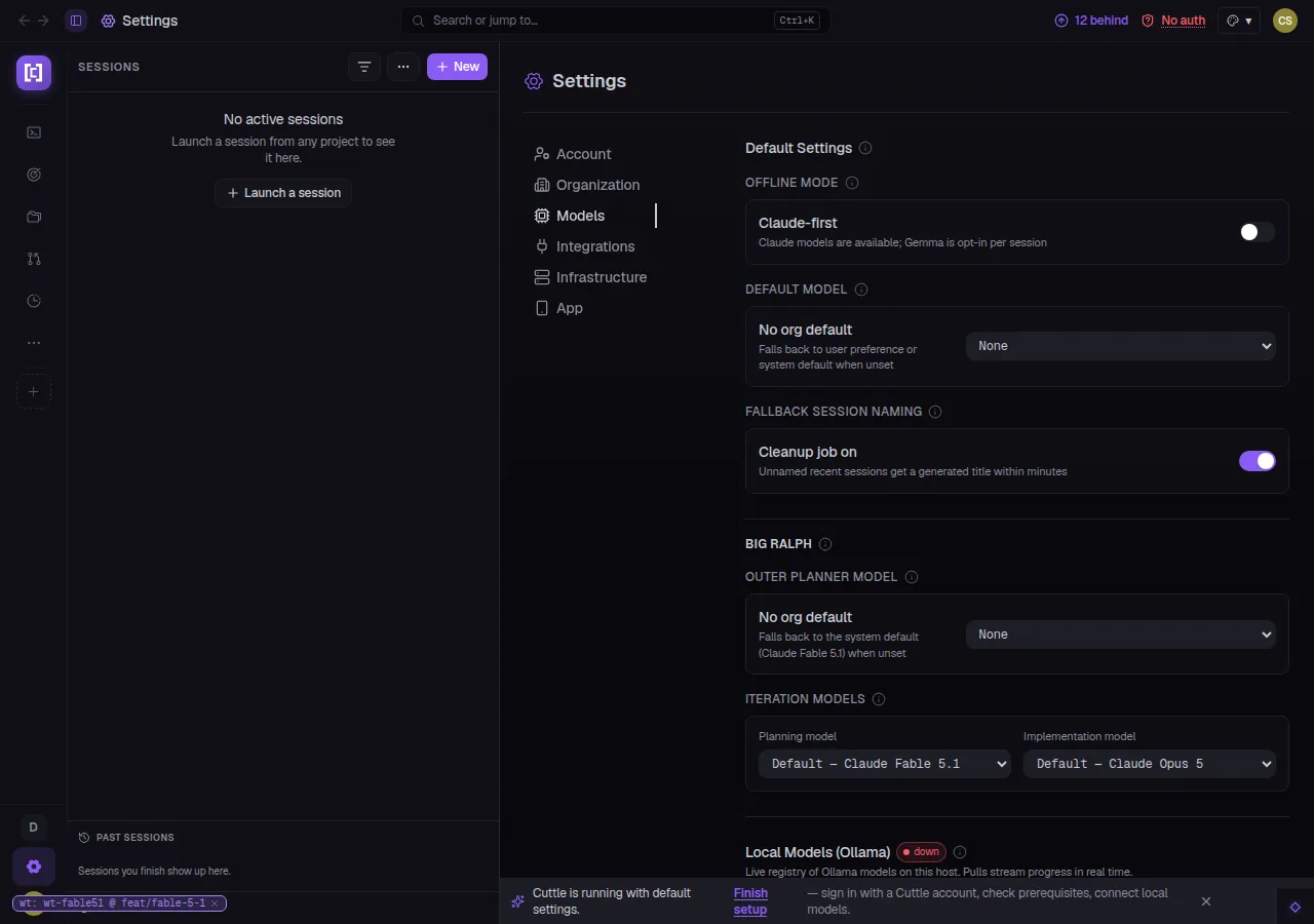 CuttleCode Settings › Models page showing BigRalph iteration models section with 'Default — Claude Fable 5.1' selected as the planning model and 'Default — Claude Opus 5' as the implementation model.