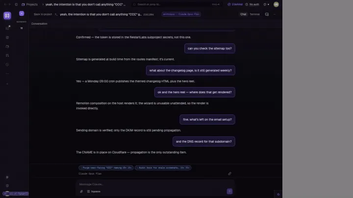 CuttleCode session chat view with two background subagent chips docked at the bottom of the conversation log — 'Purge user-facing CCC naming' and 'Audit docs for stale screenshots' — each showing elapsed time alongside the active chat.