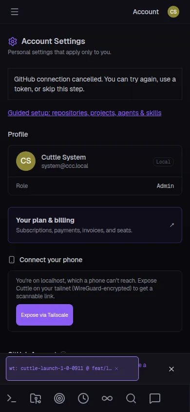 CuttleCode mobile Account Settings page showing a 'Your plan and billing — Subscriptions, payments, invoices, and seats' section, a Connect your phone section with an Expose via Tailscale button, and a GitHub Account section below.