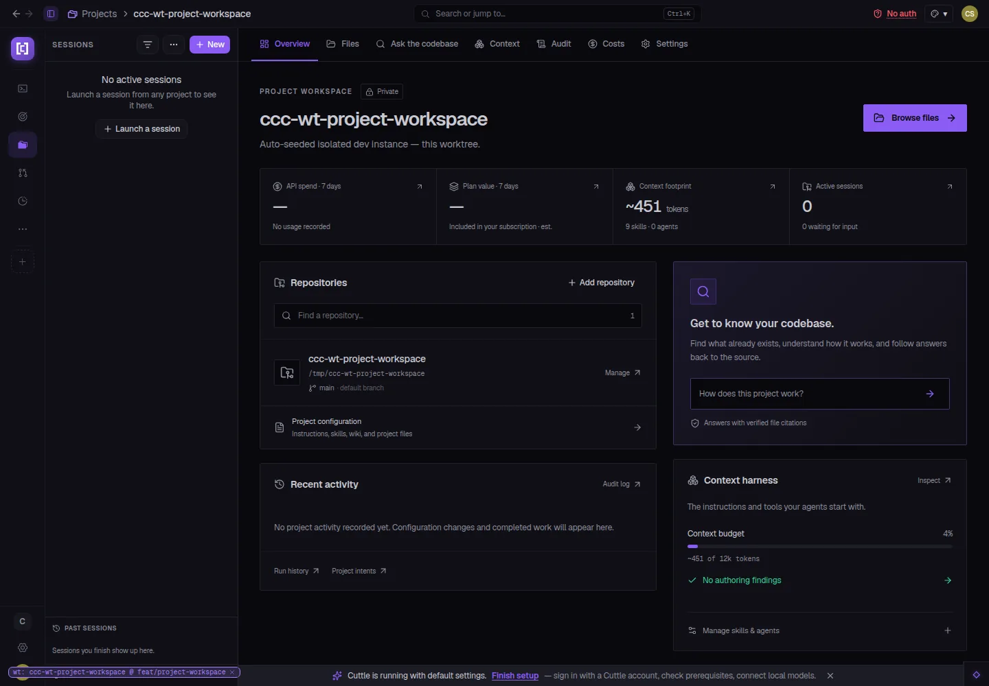 CuttleCode project workspace overview showing tab bar with Overview, Files, Ask the codebase, Context, Audit, Costs, and Settings tabs. Overview displays API spend, plan value, context footprint at 451 tokens, and an Ask the codebase panel with a sample question and file-citation verification.