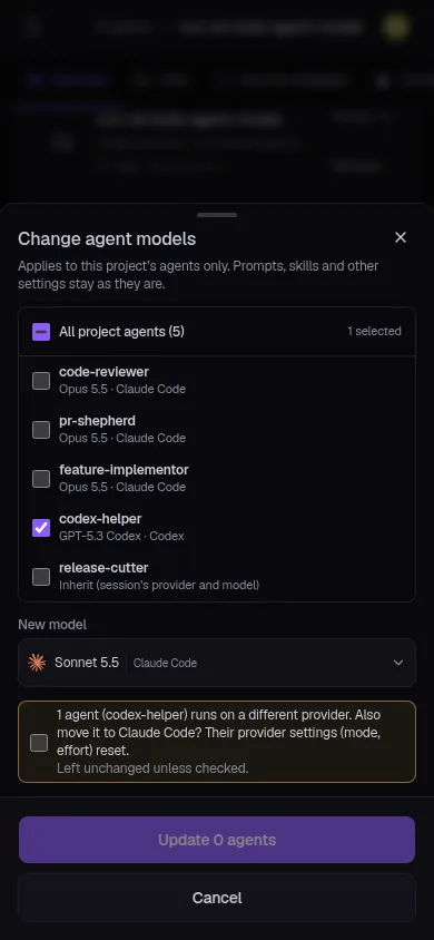 CuttleCode mobile 'Change agent models' bottom sheet listing five project agents with checkboxes, a 'New model' dropdown set to Sonnet 5.5 Claude Code, and an 'Update 0 agents' confirm button.