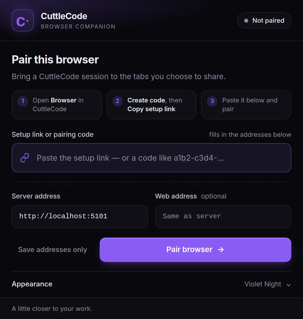 CuttleCode Browser Companion popup showing the 'Pair this browser' screen with a three-step numbered guide, a paste field for the setup link or pairing code, server and web address inputs pre-filled with localhost:5101, a 'Pair browser' CTA, and an Appearance picker.
