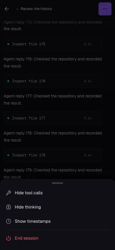 CuttleCode mobile session view with the ⋯ action sheet open from the header, showing four options: Hide tool calls, Hide thinking, Show timestamps, and End session — replacing the previous trash icon that caused accidental session termination.