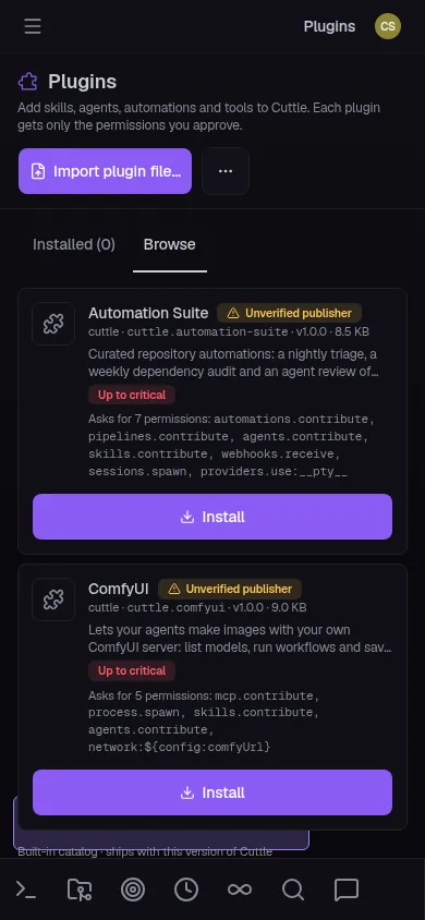 CuttleCode mobile Plugins screen showing the Browse tab with Automation Suite and ComfyUI listed, each with an unverified-publisher badge, permissions list, and an Install button. The footer reads 'Built-in catalog — ships with this version of Cuttle'.
